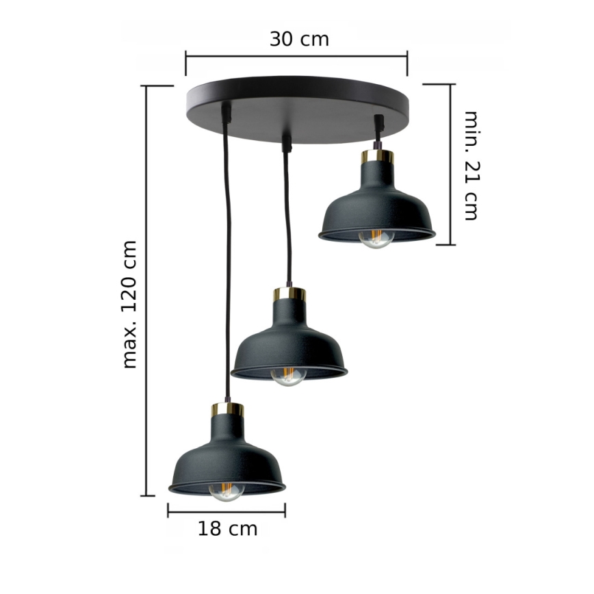 Luster na sajli HEBE 3xE27/60W/230V crna