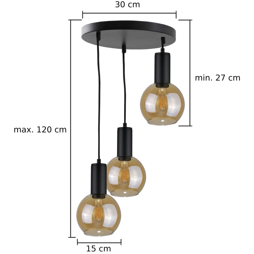 Luster na sajli JANTAR BLACK 3xE27/60W/230V pr. 30 cm