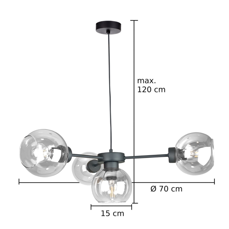 Luster na sajli KALIOPE 4xE27/60W/230V crna/prozirna