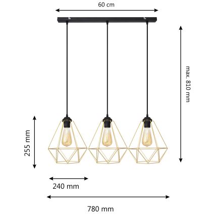 Luster na sajli KARO 3xE27/15W/230V zlatna/crna