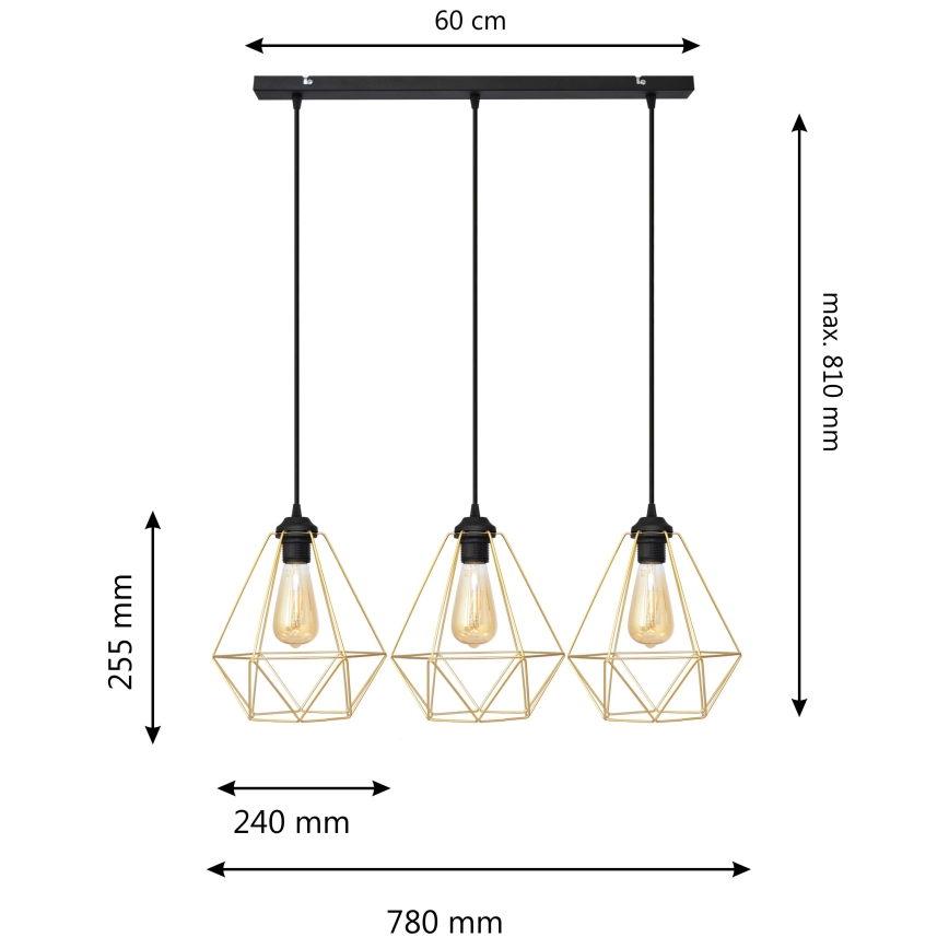 Luster na sajli KARO 3xE27/15W/230V zlatna/crna