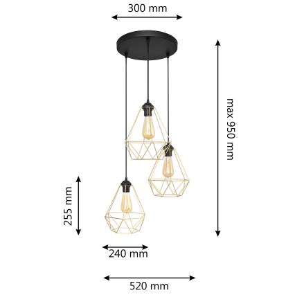 Luster na sajli KARO 3xE27/15W/230V zlatna/crna