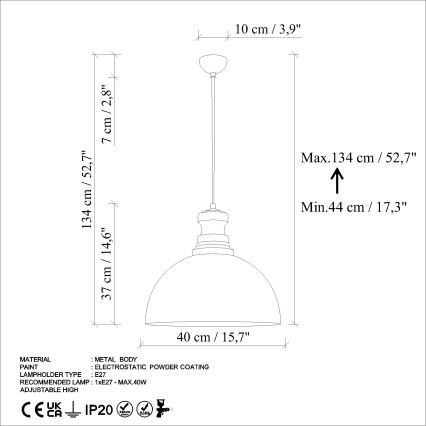 Luster na sajli KURE 1xE27/40W/230V pr. 40 cm siva