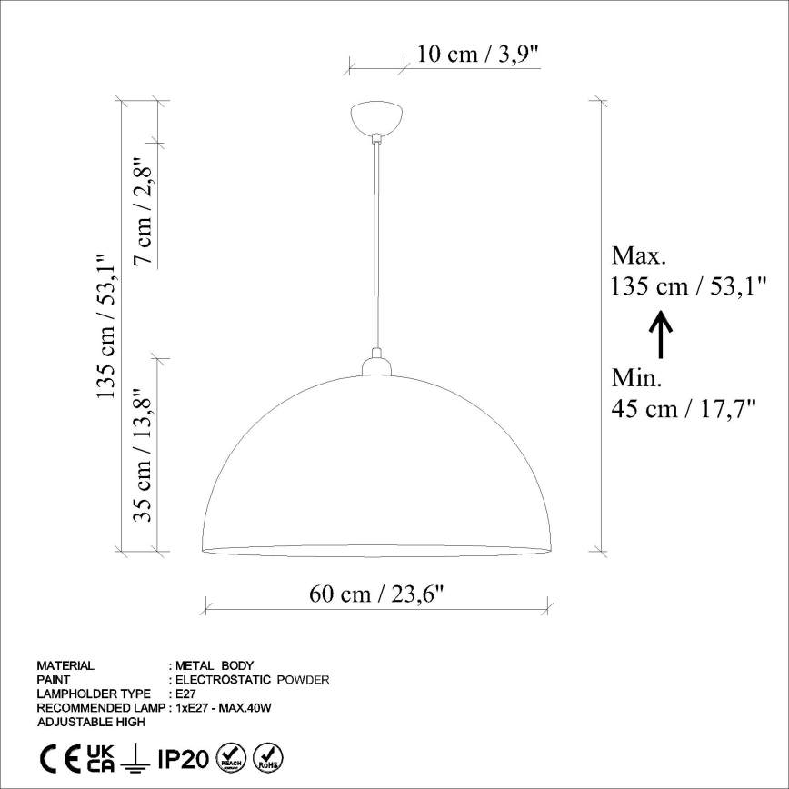 Luster na sajli KURE 1xE27/40W/230V pr. 60 cm siva