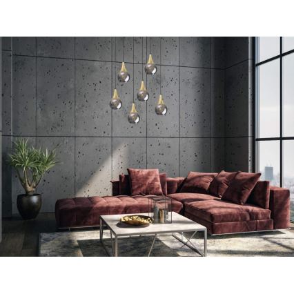 Luster na sajli LACRIMA SMOKY 6xE27/60W/230V crna/zlatna/dimna crna