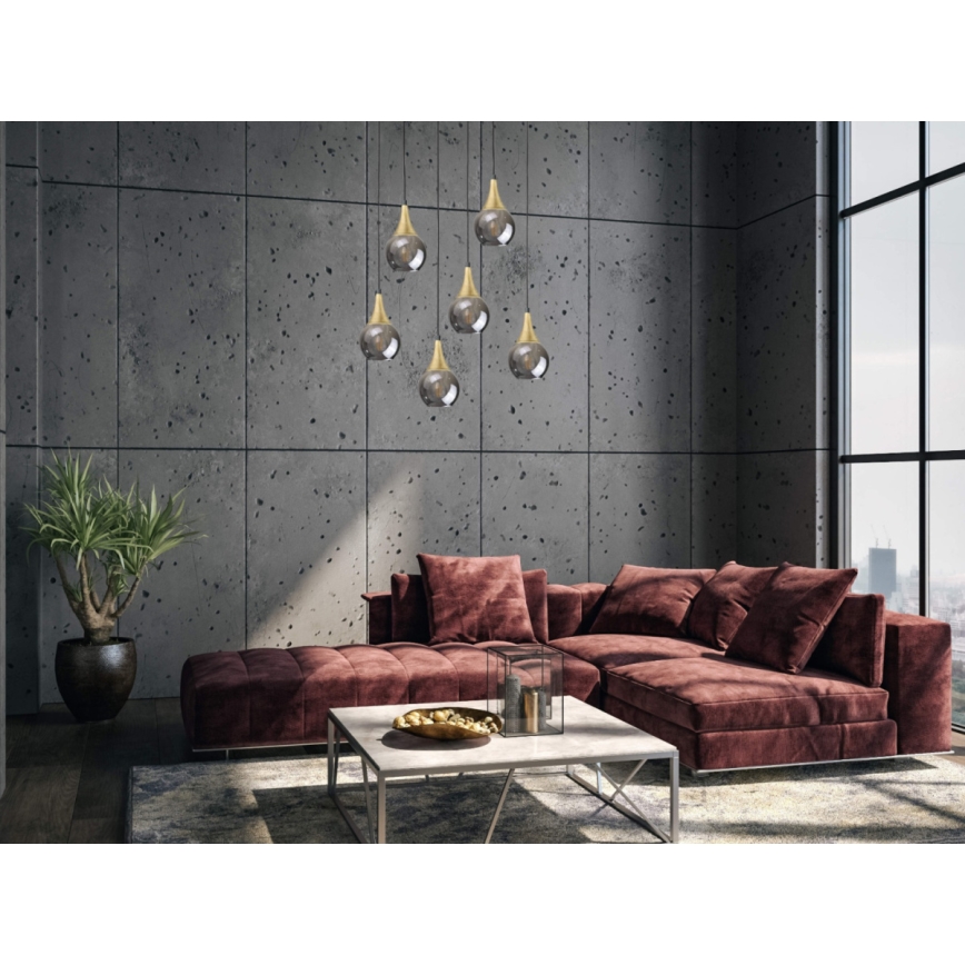 Luster na sajli LACRIMA SMOKY 6xE27/60W/230V crna/zlatna/dimna crna