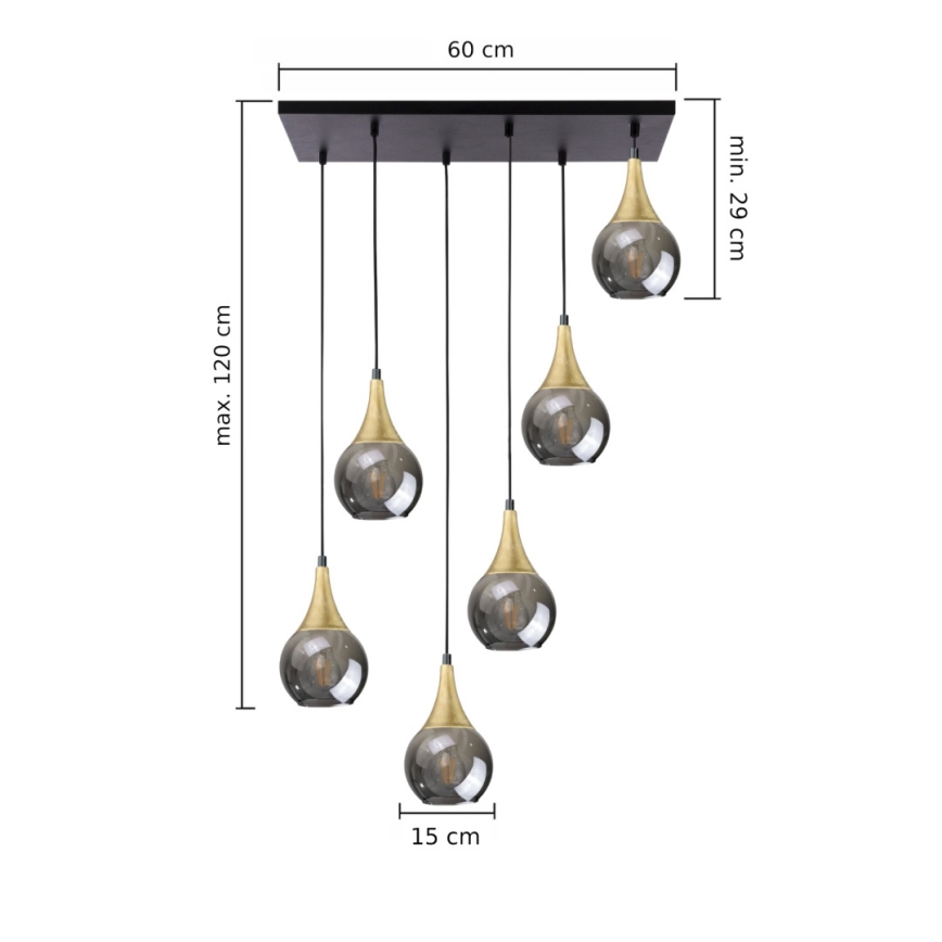 Luster na sajli LACRIMA SMOKY 6xE27/60W/230V crna/zlatna/dimna crna