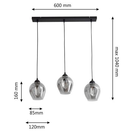 Luster na sajli LILI 3xE27/15W/230V crna/siva