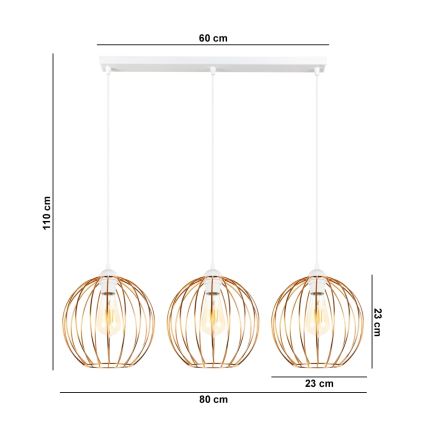 Luster na sajli MATT 3xE27/60W/230V bijela/bakrena