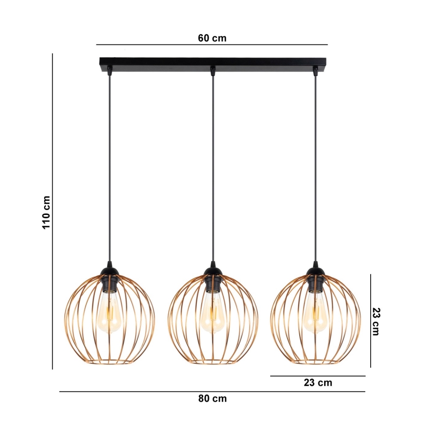 Luster na sajli MATT 3xE27/60W/230V crna/bakrena