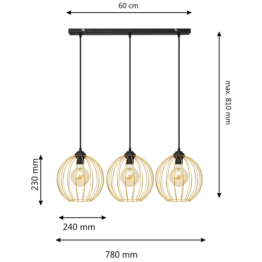 Luster na sajli MERCURE 3xE27/15W/230V zlatna/crna