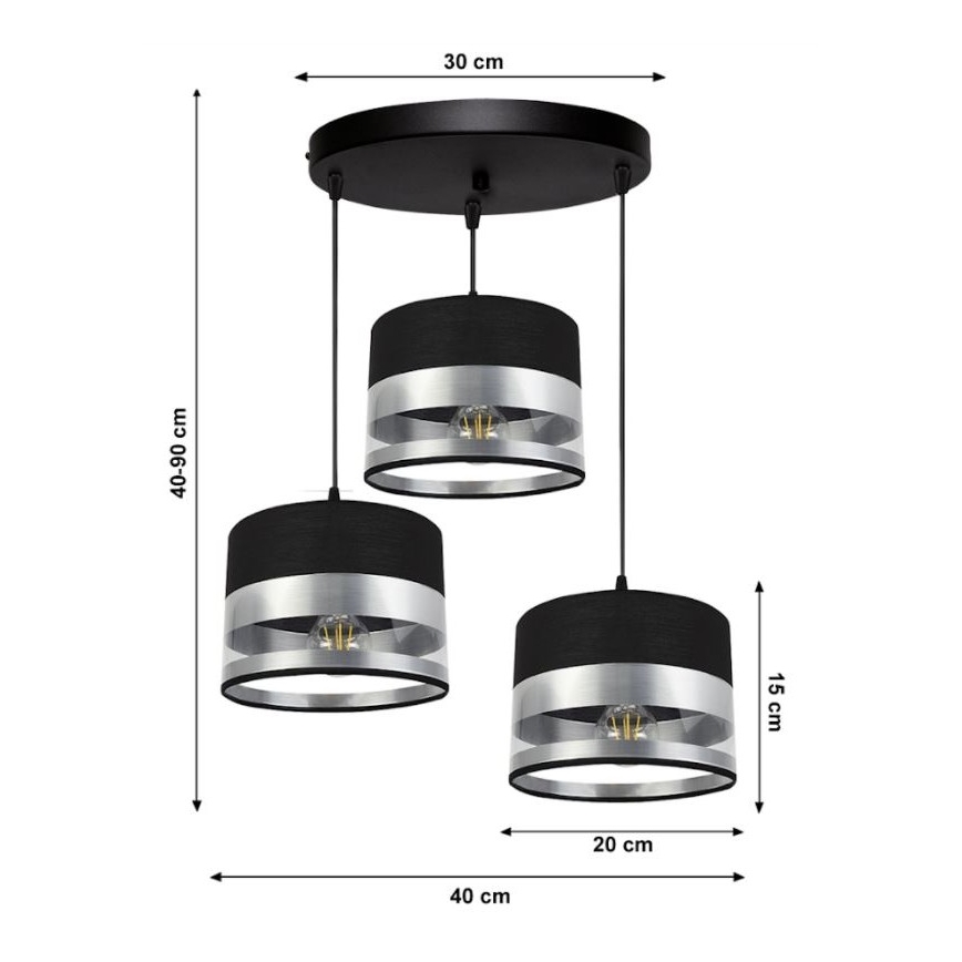 Luster na sajli MILO 3xE27/60W/230V srebrna/crna