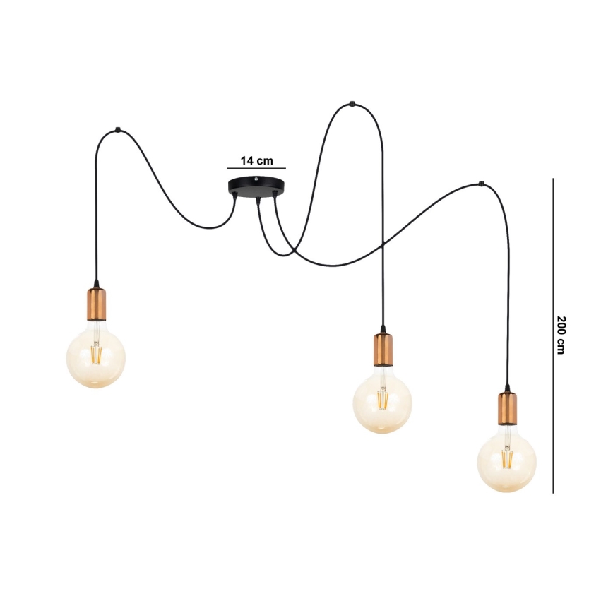 Luster na sajli MIROS 3xE27/60W/230V pauk crna/bakrena