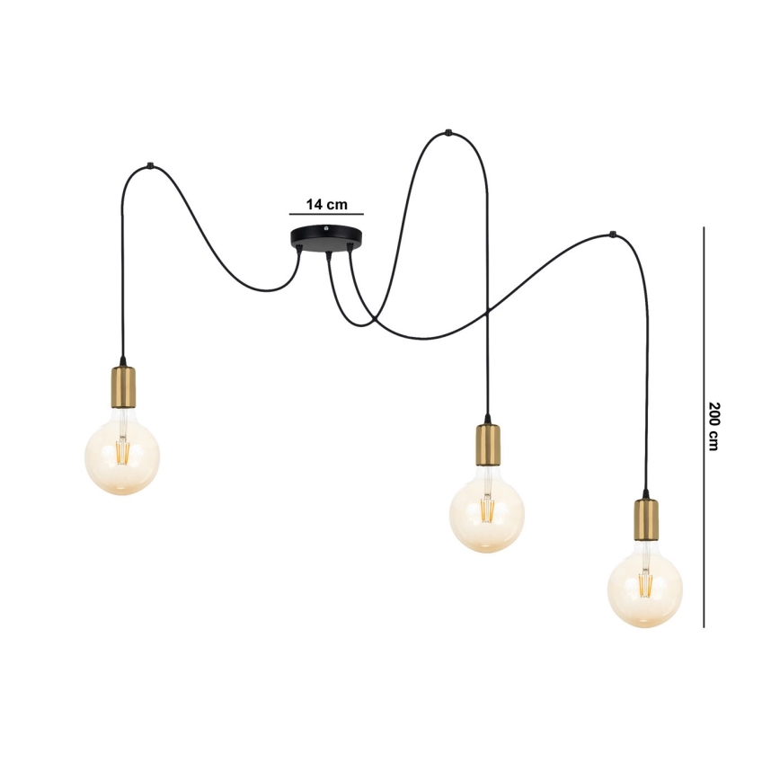 Luster na sajli MIROS 3xE27/60W/230V pauk crna/zlatna