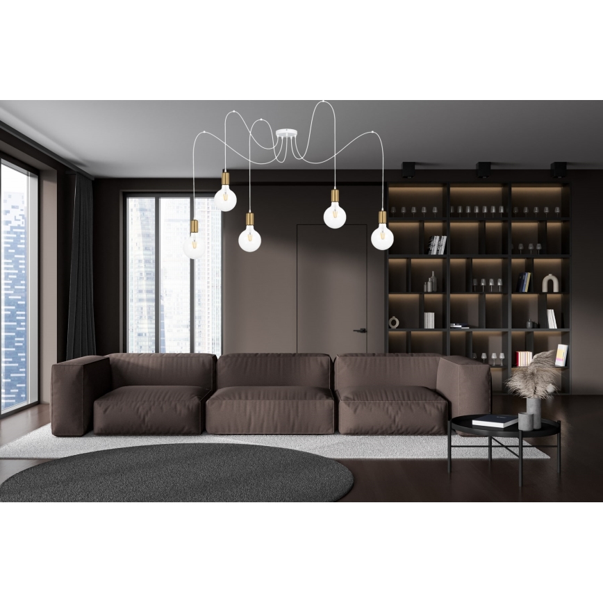 Luster na sajli MIROS 5xE27/60W/230V pauk bijela/zlatna