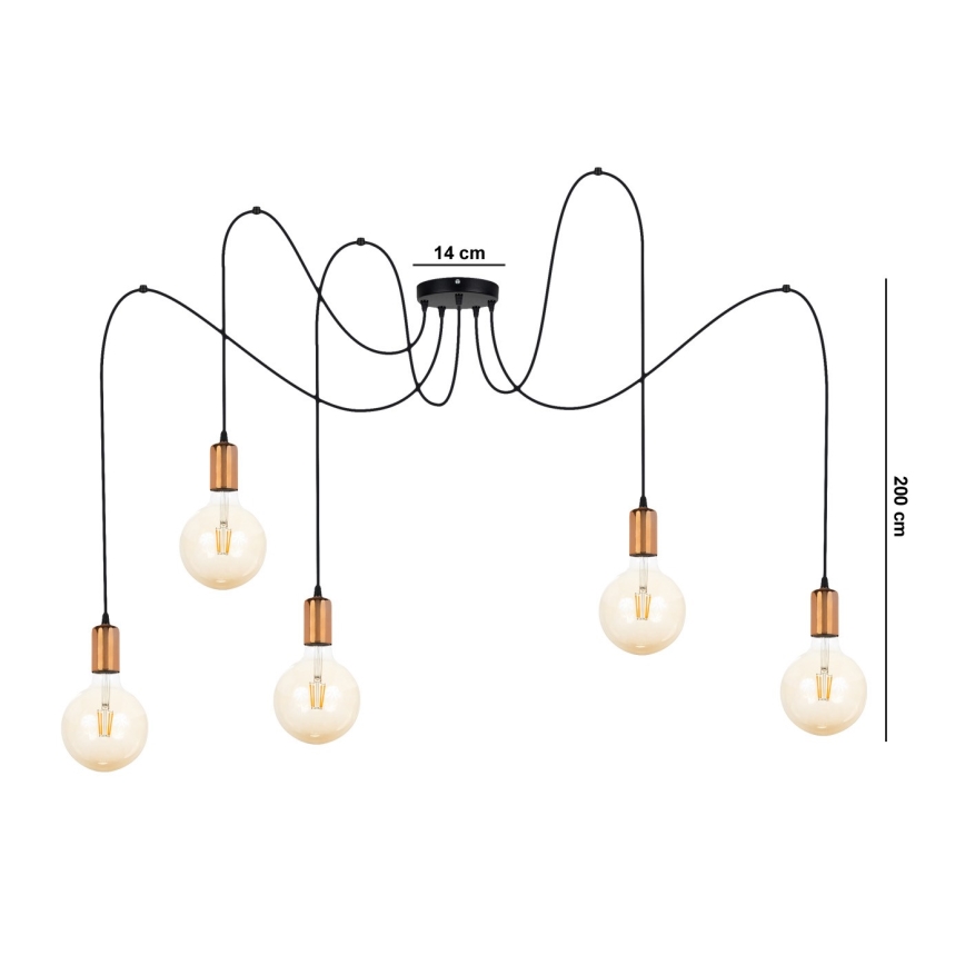 Luster na sajli MIROS 5xE27/60W/230V pauk crna/bakrena