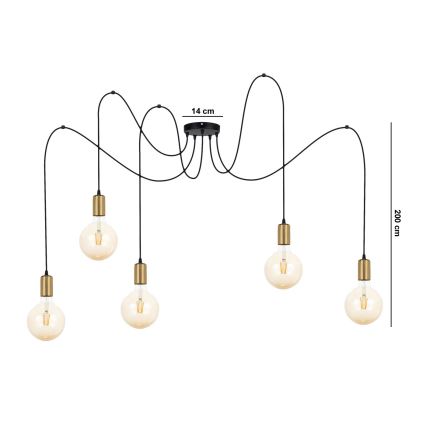 Luster na sajli MIROS 5xE27/60W/230V pauk crna/zlatna