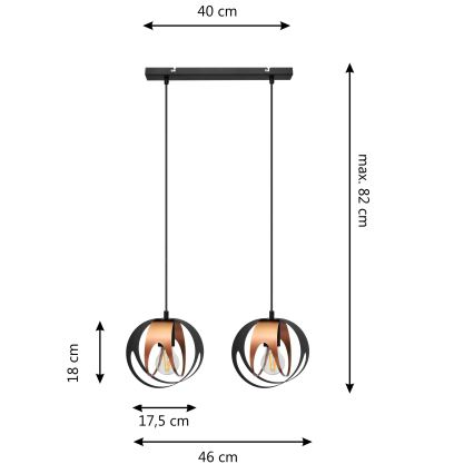Luster na sajli MOONLIGHT 2xE27/15W/230V crna/bakrena