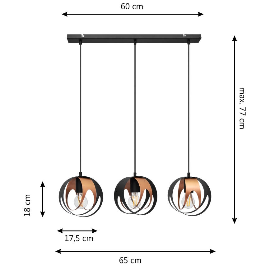 Luster na sajli MOONLIGHT 3xE27/15W/230V crna/bakrena