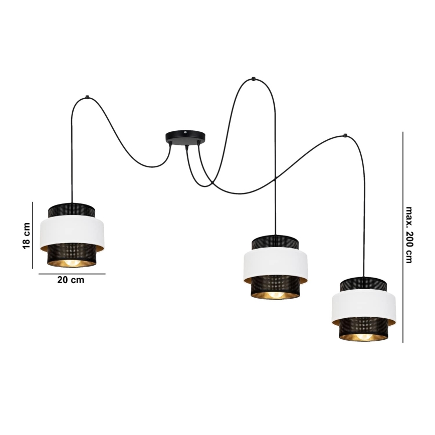Luster na sajli NESS 3xE27/60W/230V pauk crna/bijela