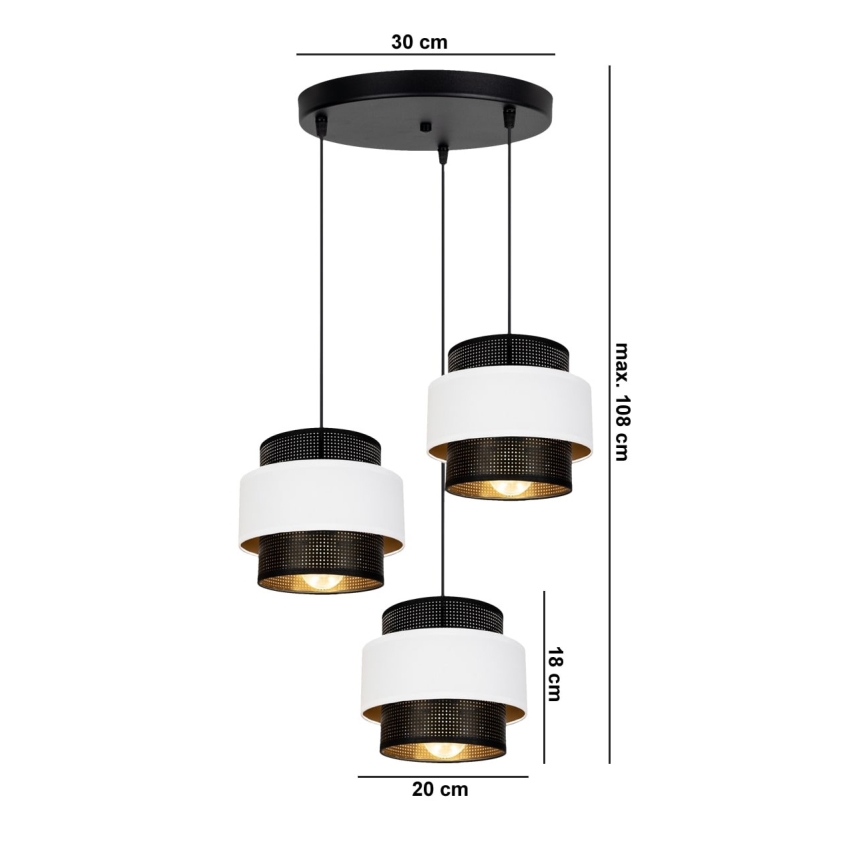 Luster na sajli NESS 3xE27/60W/230V pr. 45 cm crna/bijela