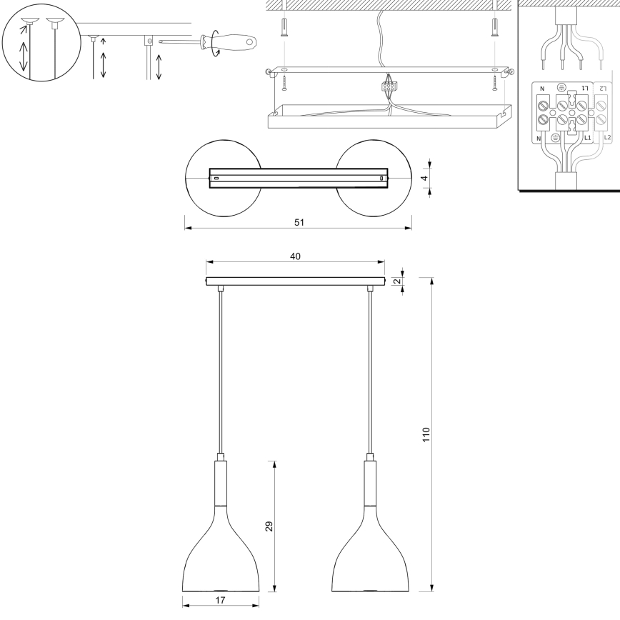 Luster na sajli NOAK WOOD 2xE27/15W/230V crna/bukva