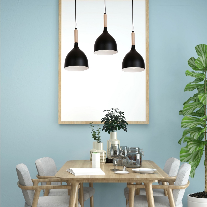 Luster na sajli NOAK WOOD 3xE27/15W/230V crna/bukva