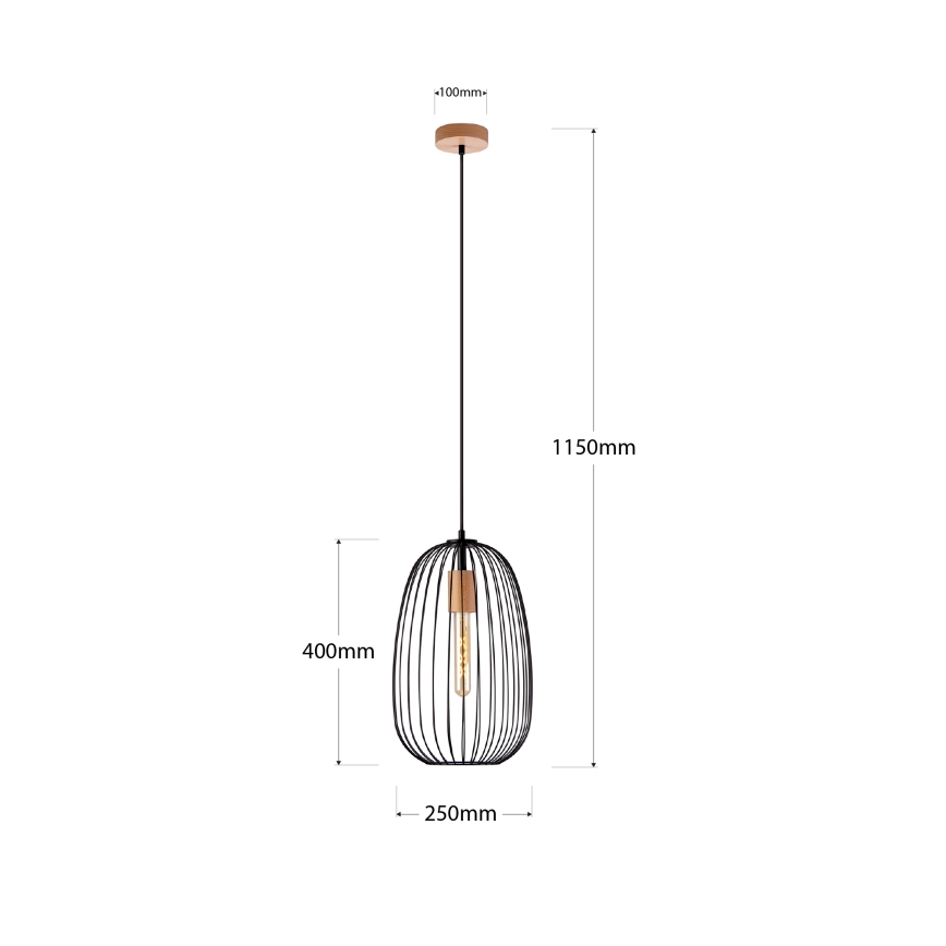 Luster na sajli OVELLA 1xE27/15W/230V Ø 25 cm crna/borovina