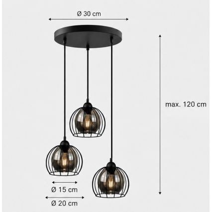 Luster na sajli SOLO BLACK 3xE27/60W/230V pr. 30 cm