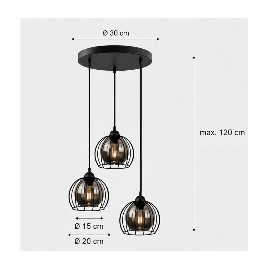 Luster na sajli SOLO BLACK 3xE27/60W/230V pr. 30 cm