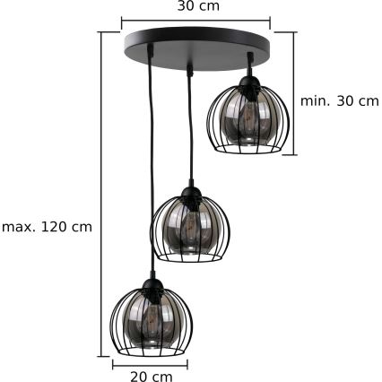 Luster na sajli SOLO BLACK 3xE27/60W/230V pr. 30 cm