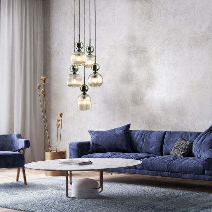 Luster na sajli SOPHIA 5xE14/10W/230V crna/zelena/dimljeno bež