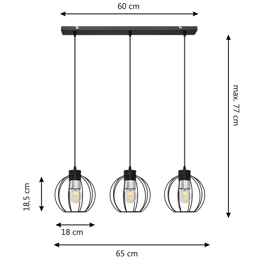 Luster na sajli STARLIGHT 3xE27/15W/230V crna/srebrna