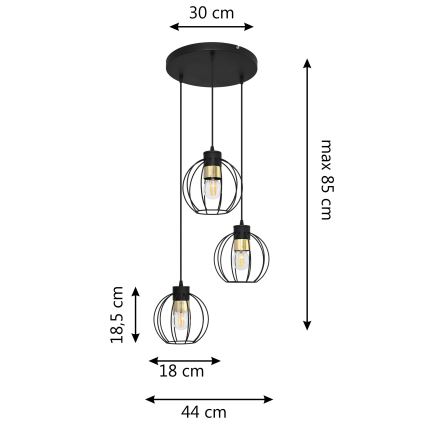 Luster na sajli STARLIGHT 3xE27/15W/230V crna/zlatna
