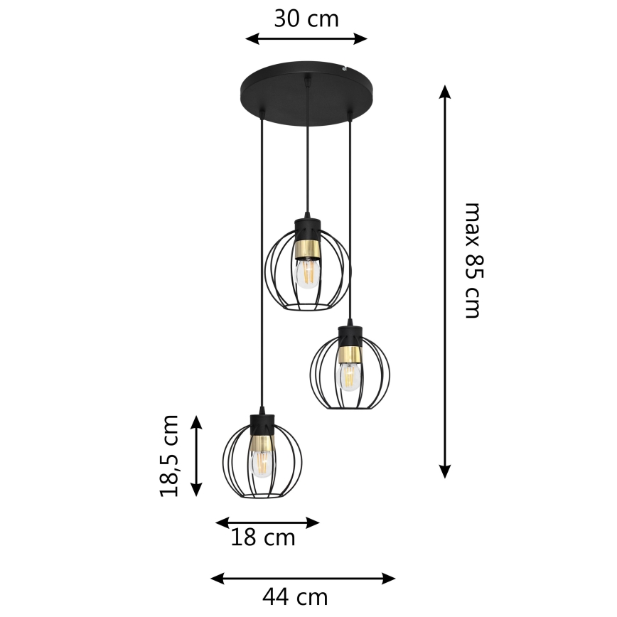 Luster na sajli STARLIGHT 3xE27/15W/230V crna/zlatna