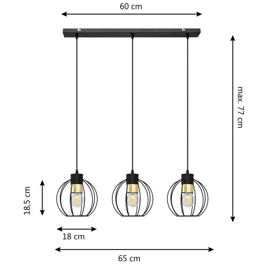 Luster na sajli STARLIGHT 3xE27/15W/230V crna/zlatna
