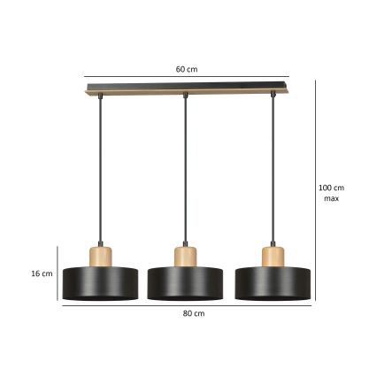 Luster na sajli TORIN 3xE27/15W/230V crna