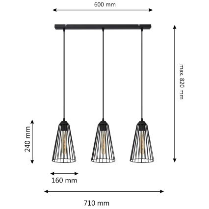 Luster na sajli TORRI 3xE27/15W/230V crna