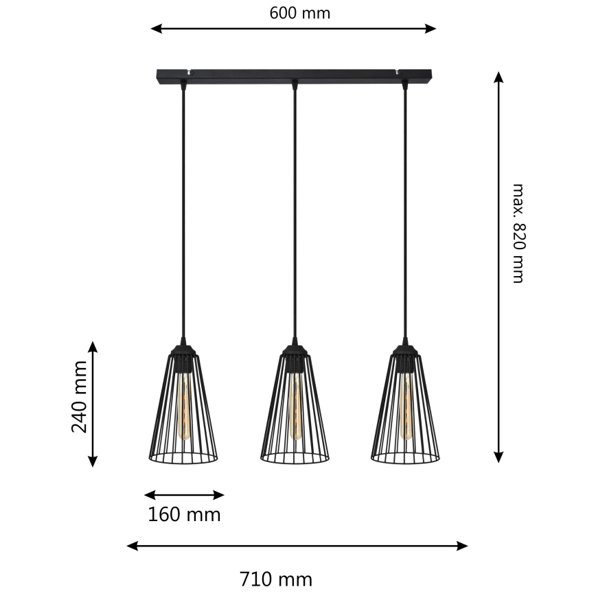 Luster na sajli TORRI 3xE27/15W/230V crna