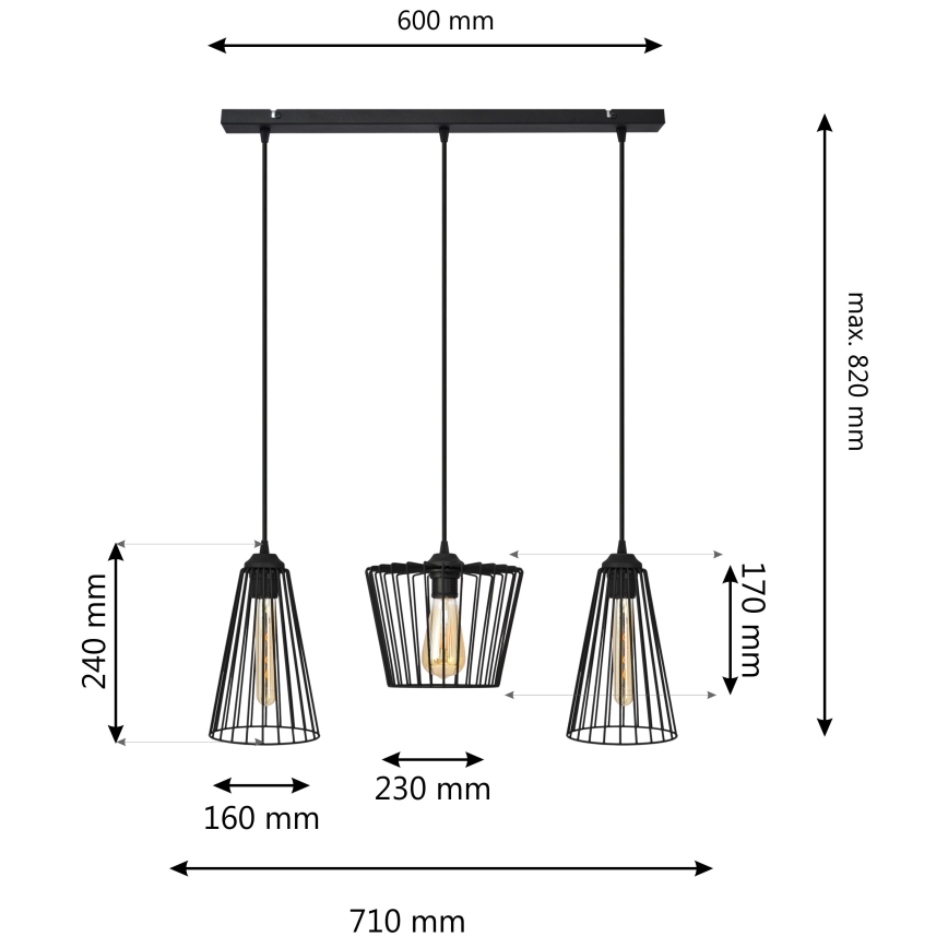 Luster na sajli TORRI 3xE27/15W/230V crna