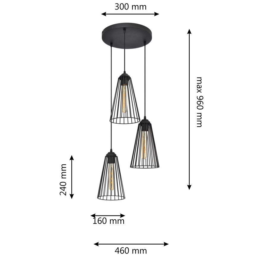Luster na sajli TORRI 3xE27/15W/230V crna