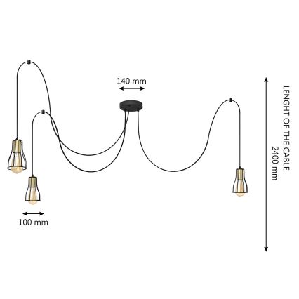 Luster na sajli TUBE 3xE27/10W/230V pauk crna/zlatna
