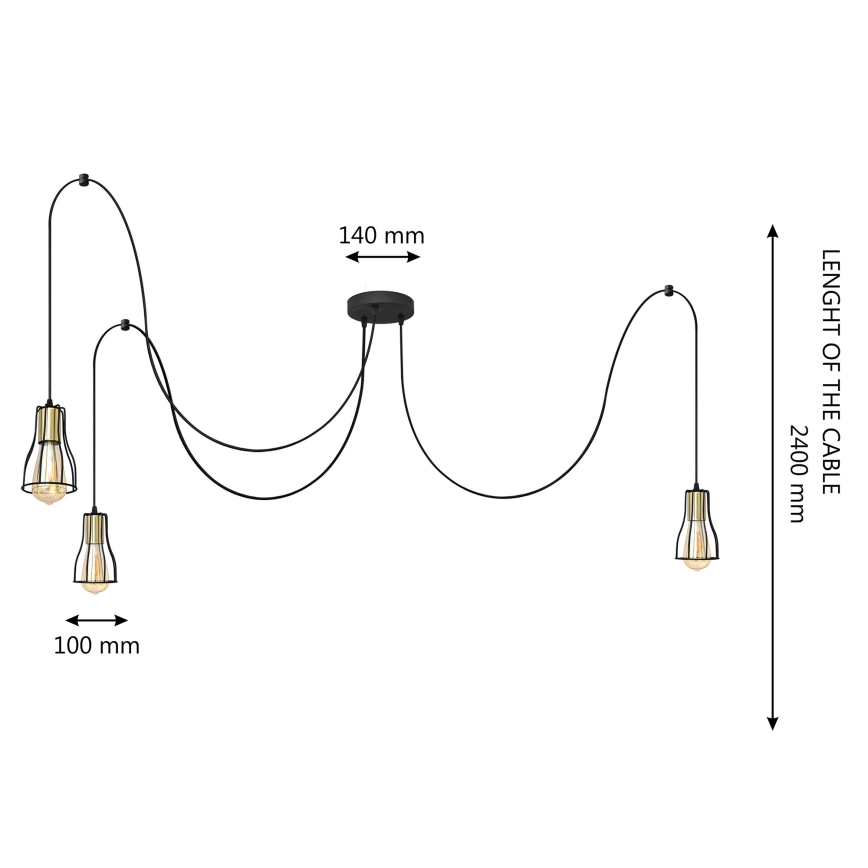 Luster na sajli TUBE 3xE27/10W/230V pauk crna/zlatna