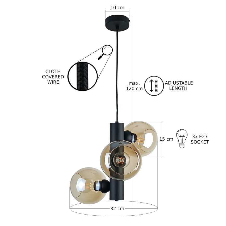 Luster na sajli TUBE 3xE27/60W/230V crna/dimna bež