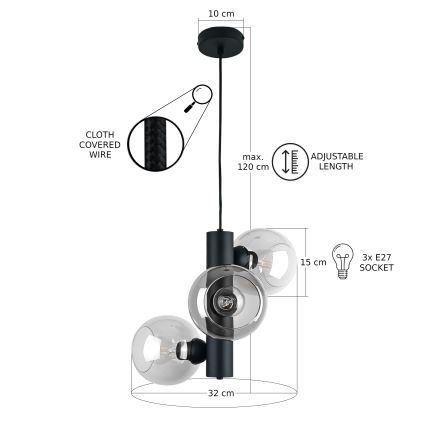 Luster na sajli TUBE 3xE27/60W/230V crna/prozirna