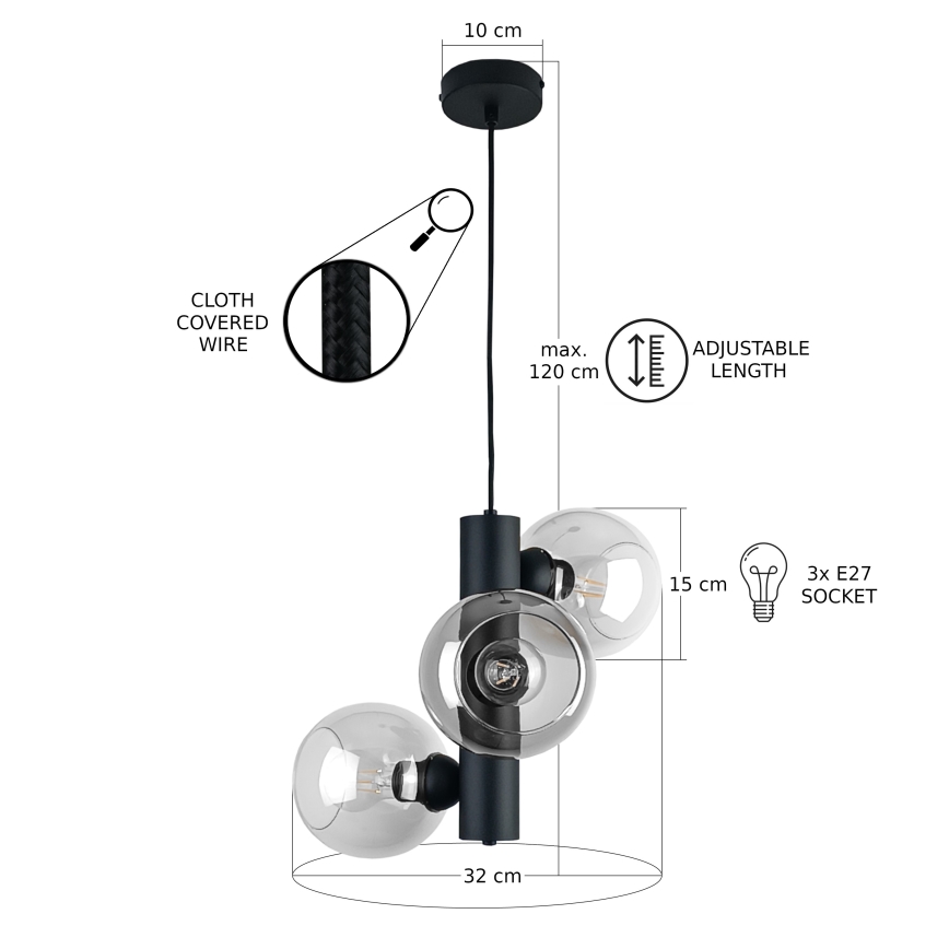 Luster na sajli TUBE 3xE27/60W/230V crna/prozirna