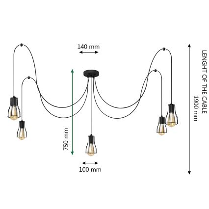Luster na sajli TUBE 5xE27/15W/230V pauk crna