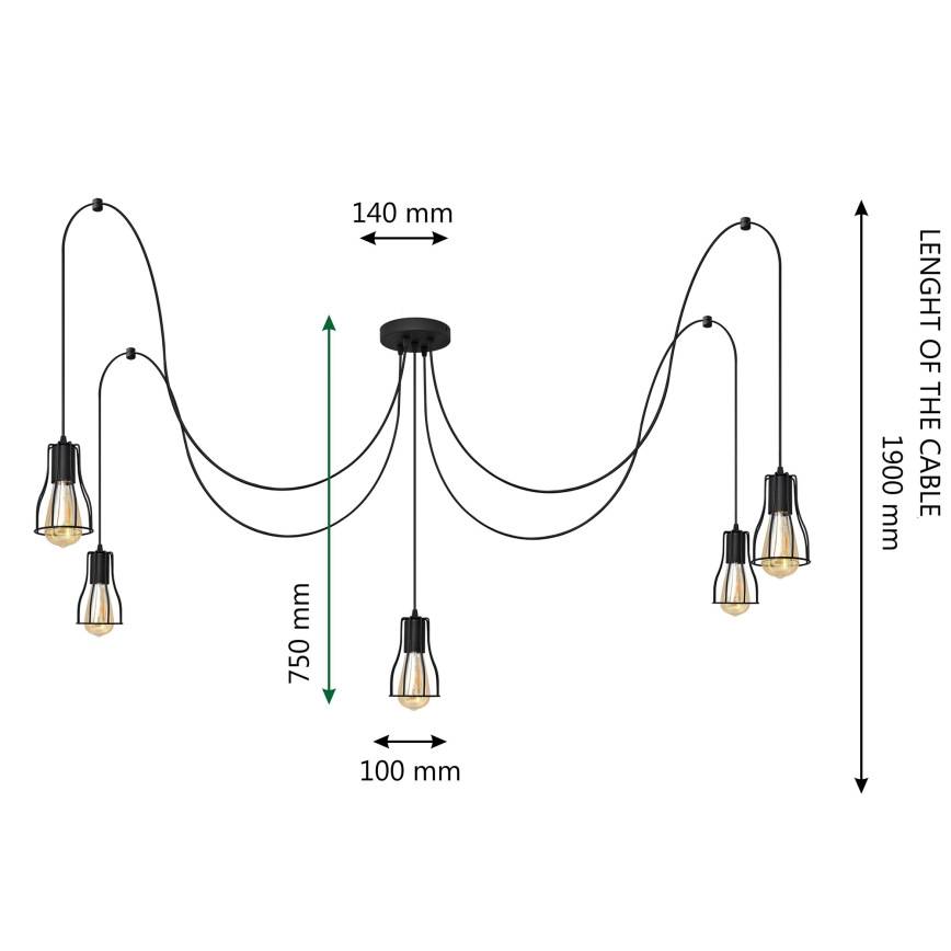 Luster na sajli TUBE 5xE27/15W/230V pauk crna
