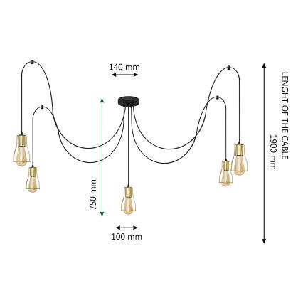 Luster na sajli TUBE 5xE27/15W/230V pauk crna/zlatna
