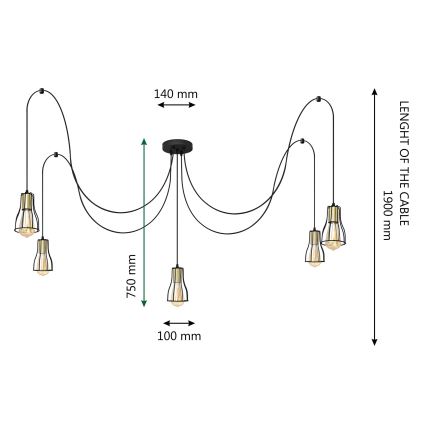 Luster na sajli TUBE 5xE27/15W/230V pauk crna/zlatna